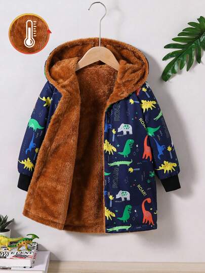 Young Boy Dinosaur Print Thermal Lined Hooded Jacket, Warm & Comfortable, Fashion & Cozy Winter Outerwear