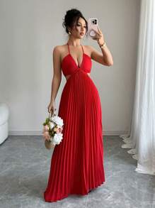 Rafferiza Elegant French Style Red Woven Backless Criss-Cross Halter Dress For Women, New Summer Design