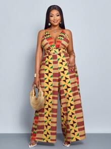 SOLERSUN Tuta estiva elegante da donna taglie forti con stampa digitale geometrica e fiori casuali, con collo a legaccio, pantaloni a gamba ampia dritta, ideale per vacanze