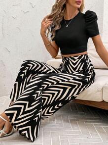 SHEIN Clasi Classic Women Crew Neck Ribbed Cropped Top & Wide Leg Pants, Navy Co-Ord Set With Print, Spring/Summer Vacation & Daily Elegant - Black - View 1