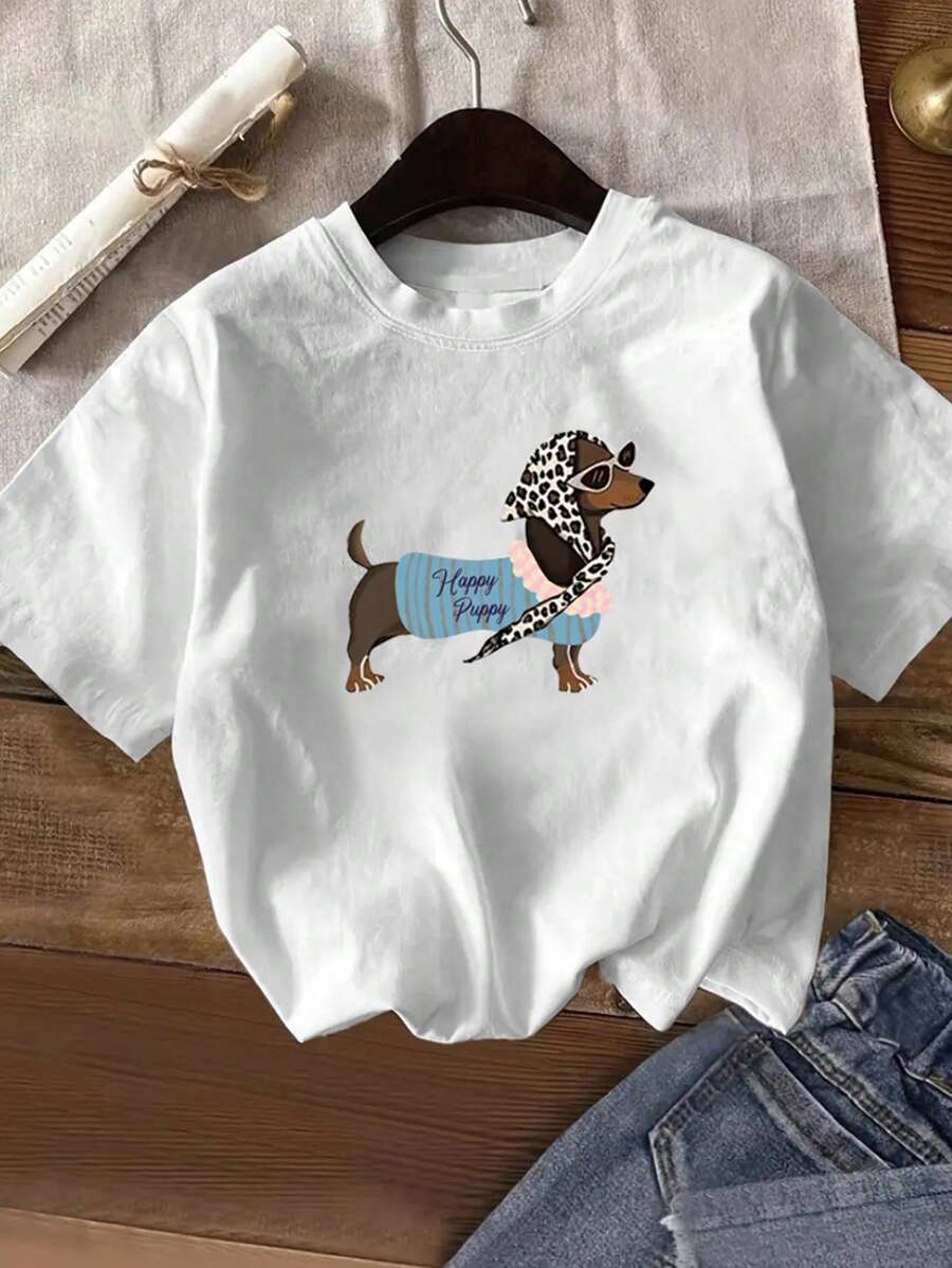 趣味狗狗印花图案宽松夏季 T 恤 - 白色 - 查看 1