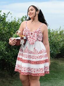 SHEIN MOD Spring And Summer New Plus Size Women's Bohemian Placement Print Loose Vintage Doll Dress, Suitable For Vacation, Country Music Festivals, Afternoon Tea And Other Occasions