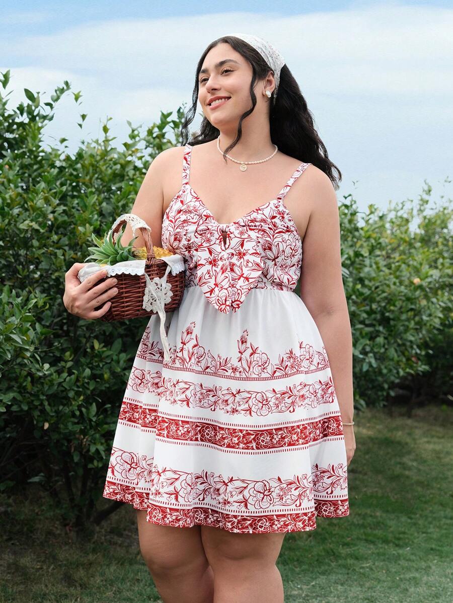 SHEIN MOD Spring And Summer New Plus Size Women's Bohemian Placement Print Loose Vintage Doll Dress, Suitable For Vacation, Country Music Festivals, Afternoon Tea And Other Occasions