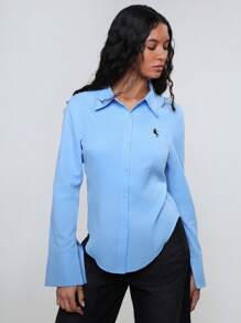 TRNVIE Women Embroidery Decor Waist-Cinched Bell Sleeve Shirt Fall Cloth For Women - Blue - View 6