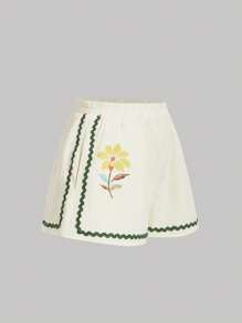 SHEIN MOD Wavy Pattern Floral Print Contrast Webbing Shorts, Vacation Wear,Summer/ Summer Outfits For Women,Vacation,Western,Boho,Graphic Shorts,Cottagecore,Brunch Outfits For Women,Tropical Vacation Woman Clothes