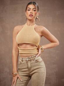 Hauture 夏季女士，女士，性感波西米亚风裸色半透明金属针织镂空做旧上衣，女式上衣，春季女士，女式背心，夏季女士上衣，夏季上衣，露背上衣，度假，日常 - 金色 - 查看 5