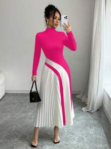 Elenzga Elegant Contrast Patchwork Pleated Long Dress For Women - Hot Pink - View 1