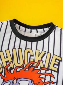 Nick 90s | SHEIN 男婴卡通形象黑白条纹可爱休闲连体衣