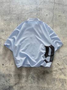 AXEPEAK 男士短袖字母印花翻领单排扣衬衫，街头潮流