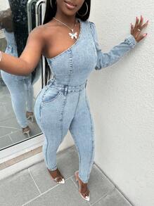 Slaydiva Mono de mezclilla skinny de mujer informal con cuello asimétrico lavado