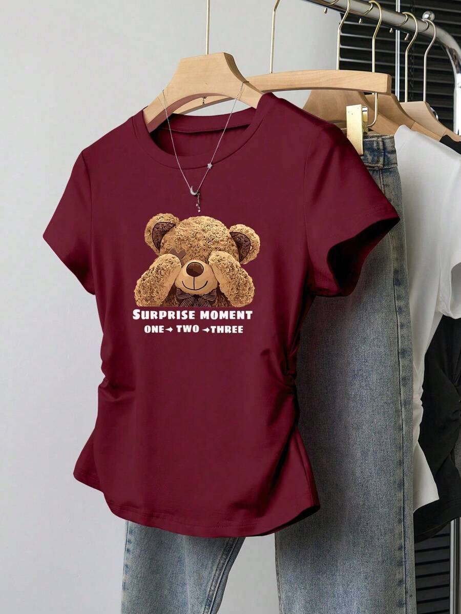 SHEIN Girls Casual Teddy Bear Print Elastic Waist Short Sleeve T-Shirt