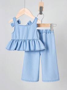 SHEIN 2pcs Baby Girl 2025 New Denim Blue Sleeveless Top And Pants Set With Bow Decor, Spring And Summer Casual Vacation - Light Wash - View 2