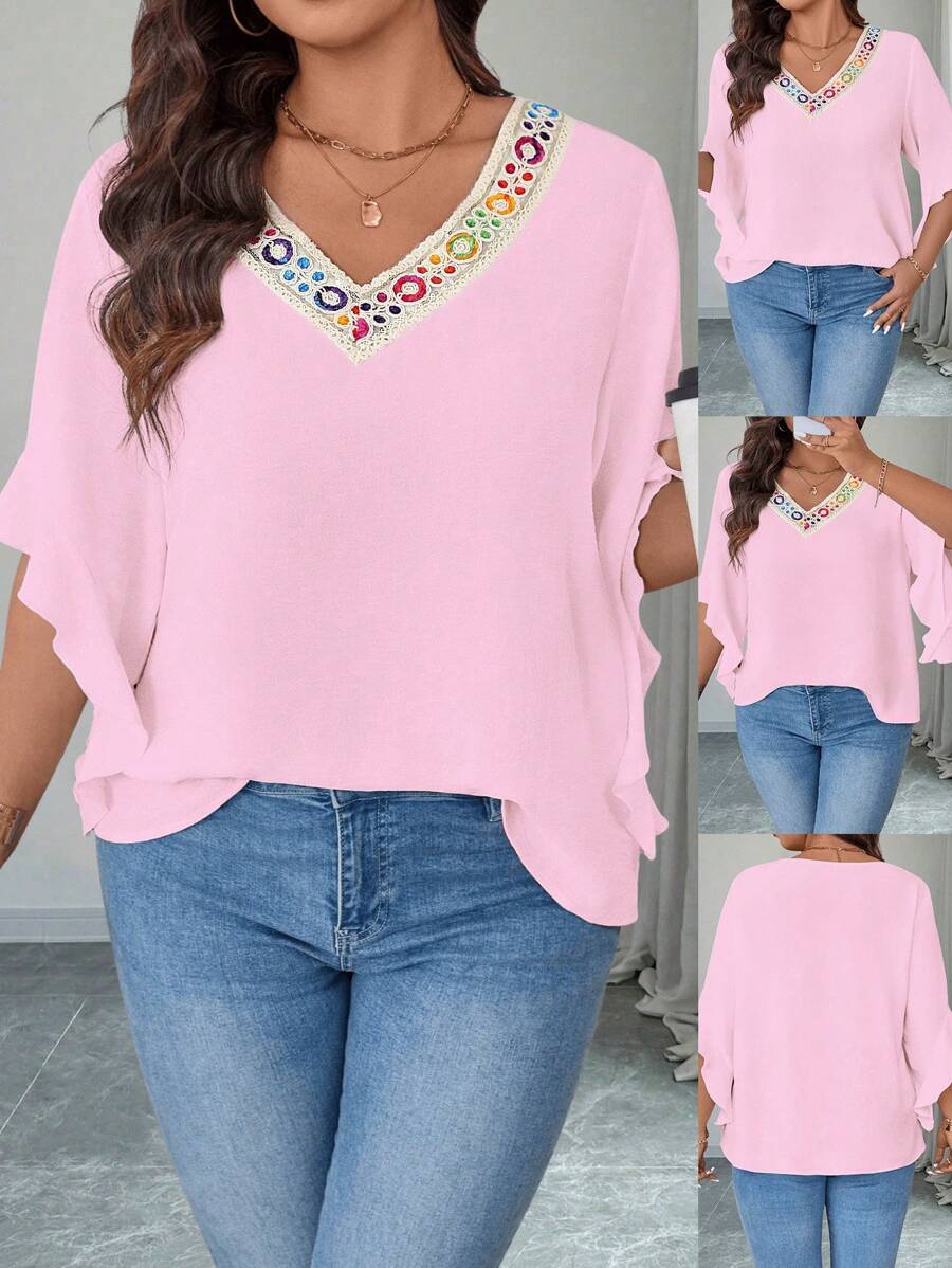 SHEIN LUNE 大码女式休闲度假荷叶边袖衬衫 - 粉色 - 查看 1