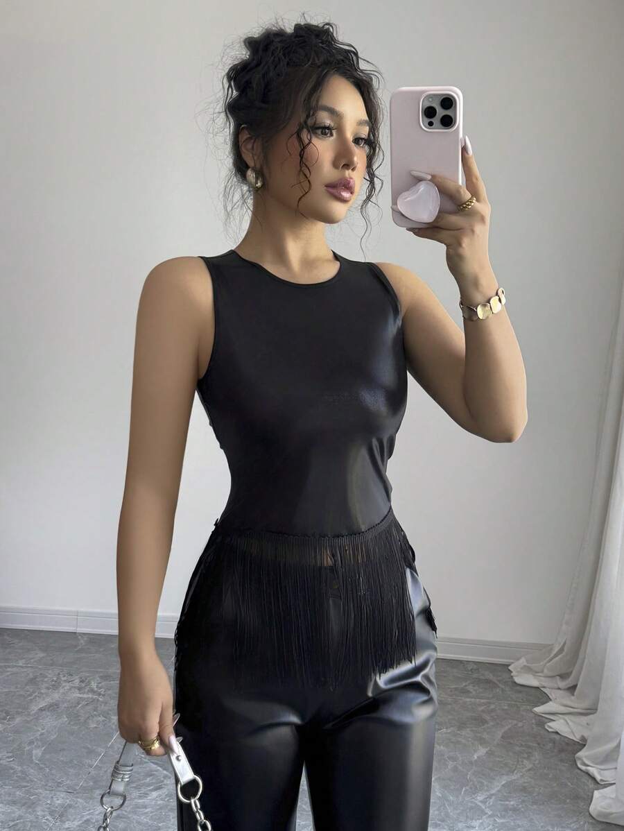 Elenzga Summer Fashion Solid Color Fringe Hem Tank Top - Black - View 1