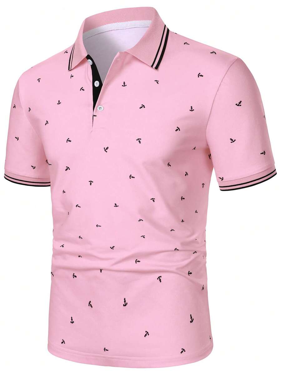 Calvornis 男士 Anchor 印花短袖 Polo 衫，夏季休闲，男士粉色 Polo 衫 - 粉色 - 查看 1