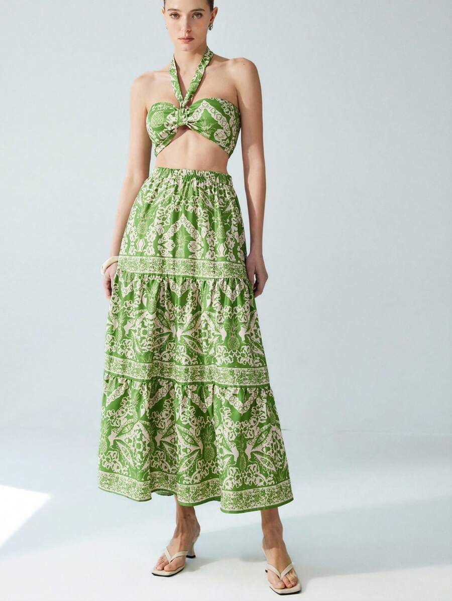 Aveloria Modichic Elegantes florales Farbclash bedrucktes Crop Top mit Trägerkragen & hochgeschnittener A-Linien Rock 2-teiliges Set, verstellbarer elastischer Bund mit Rüschendetails, Urlaubsstil für den Strand