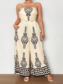 Maweii Plus Size Retro Print Halter Wide Leg Jumpsuit, Casual Resort Wear