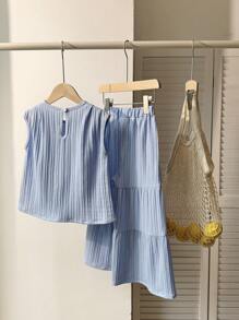 SHEIN 2pcs/Set Young Girl' Korean Style Summer Outfit, Loose Sleeveless Top And Layered Loose Pants, Fashionable Summer Vacation Casual Set - Blue - View 2