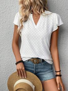 SHEIN LUNE Women's Casual Solid Color Textured Notch Neck T-Shirt - White - View 3