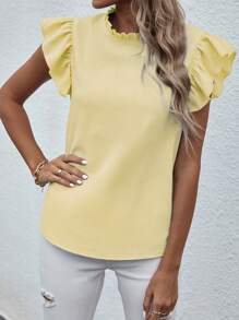EMERY ROSE Simple Solid Color Casual Short Puffed Sleeve Shirt, Summer - Yellow - View 4