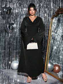 Allurite 女式加大码纯色喇叭袖连衣裙，腰部系带，优雅设计长款女装 - 黑色 - 查看 5