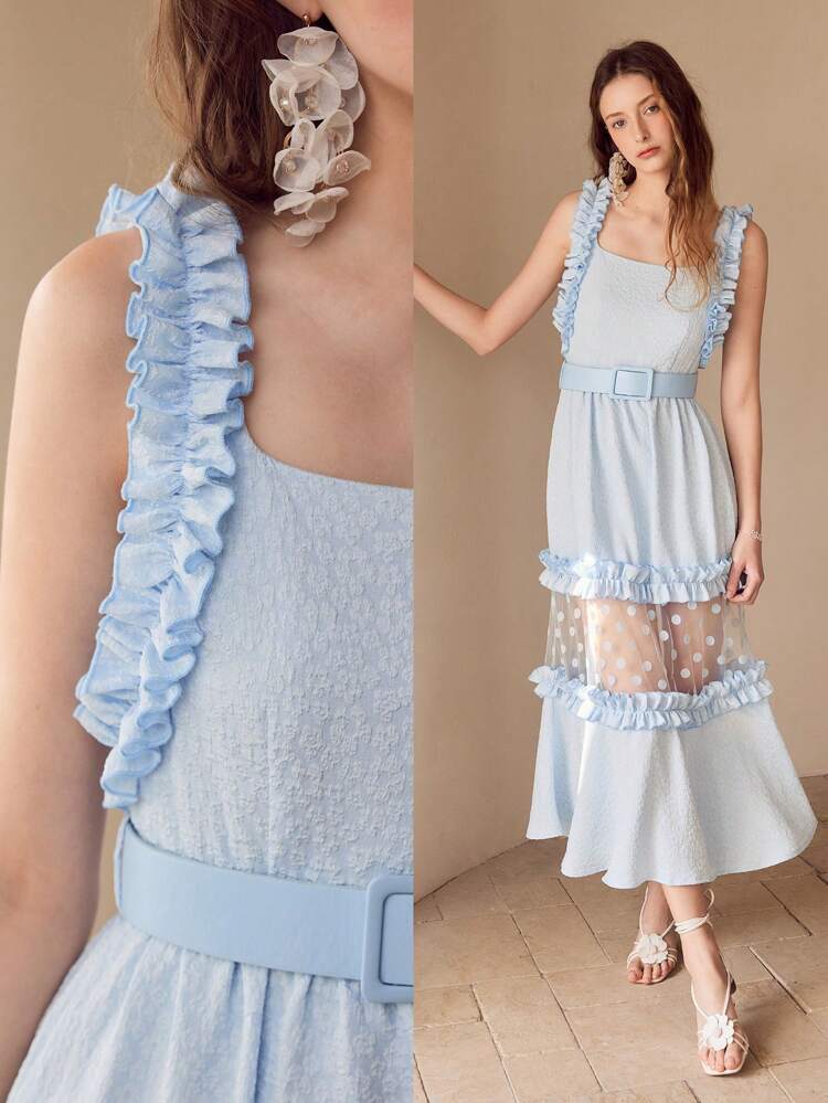CONTRAST MESH RUFFLE TRIM DRESS