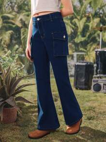 SHEIN Tween 女童深洗蓝色牛仔裤，松紧腰带，实用口袋，紧身喇叭裤腿，舒适时尚 - 深色水洗藍 - 查看 5