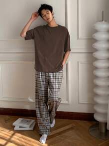 DAZY 夏季纯色短袖 T 恤和复古格子裤男士睡衣套装 - 咖啡棕 - 查看 4