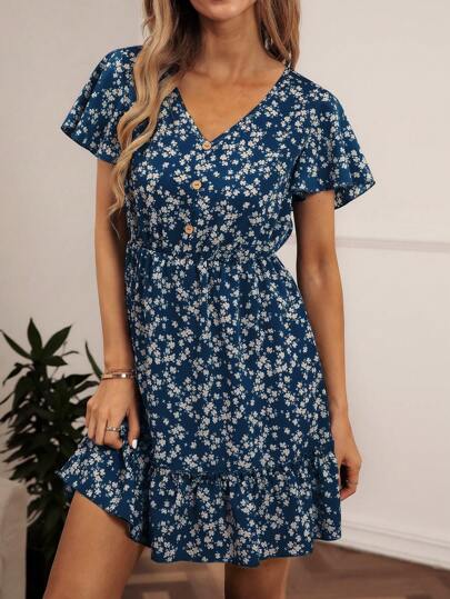 SHEIN Clasi Ditsy Floral Print V-Neck Ruffle Hem Dress Vacation Beach Outfits Women