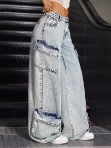 SHEIN ICON 女士休闲洗水阔腿工装牛仔裤 - 藍色 - 查看 5