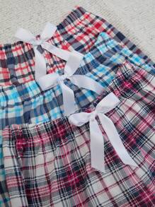 RueChic Cotton Women 3 Packs Multicolour Contrast Colour Ribbon Detail Plaid Pattern Homewear Lounge Bottoms Set - Multicolor - View 4