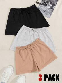 RueChic 3pcs/WWomen Solid Knot Waist Lounge Shorts - Multicolor - View 1