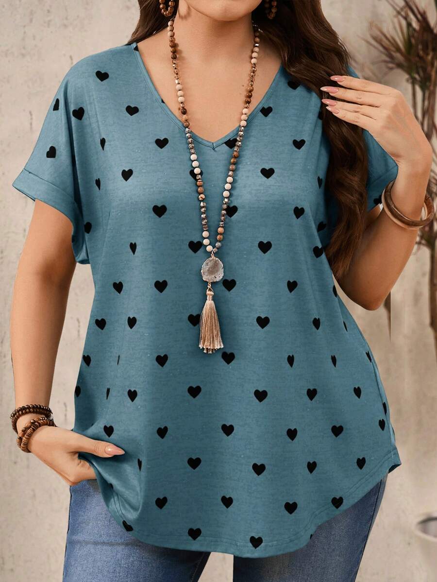 EMERY ROSE 女式加大码心形印花 V 领蝙蝠袖短袖 T 恤，夏季女士，度假女士 - 藍色 - 查看 1