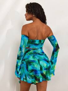 Opulessa 针织网眼印花露肩镂空设计女式迷你连衣裙 - 綠色 - 查看 2