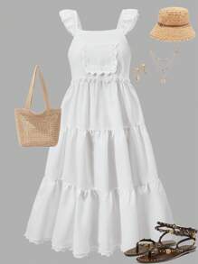 SHEIN Explorewe Tween Girl Layered Ruffle Trim Cap Sleeve Dress - White - View 3