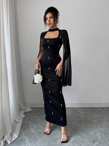 Elenzga Halloween Costume Patchwork Pearl Chiffon Bubble Dress, Elegant Fitted Style For Women Fall Cloth For Women - Black - View 4