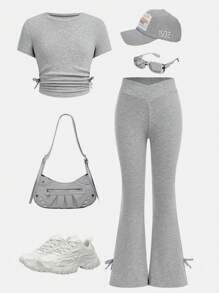 SHEIN 青少年女孩两件套：圆领褶皱短袖修身针织 T 恤和喇叭裤，休闲装 - 淺灰色 - 查看 7