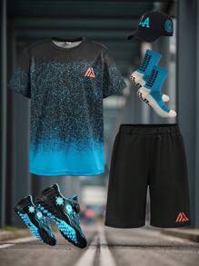 SHEIN Tween Boys 2pcs Set: Round Neck Raglan Short Sleeve Graphic Print T-Shirt & Elastic Waist Printed Shorts, Summer Activewear Outfit - Blue - View 1