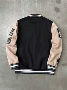 PAVTROS Manfinity Streetrush Men's Letter & Cross Print Long Sleeve Single Breasted Thermal Lined Baseball Jacket, For Fall Winter - Khaki - View 2