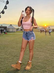 SHEIN PETITE 女士休闲破洞低腰修身牛仔短裤，蓝色