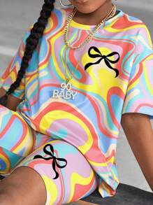 SHEIN Leap Crew 2pcs/Set Tween Girls Tie-Dye Bowknot Print Casual Loose Short Sleeve T-Shirt And Leggings, Suitable For Summer - White - View 3