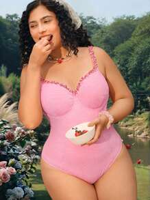 Swim Mod Đồ bơi một mảnh cỡ lớn cho nữ, Bikini có dây đeo vai họa tiết hoa dễ thương và ngọt ngào, vải có họa tiết cho kỳ nghỉ ở bãi biển, màu hồng - Hồng - Xem 4