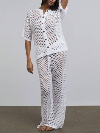 Athîral Damer i enfärgad främre knapp ihålig Casual Stickad Topp