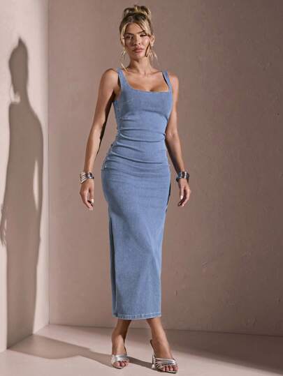 SHEIN BAE Women's Ruffle Fitted Square Neck Sleeveless Denim Dress, Fashion,Valentine's Day,Valentine Outfits For Women