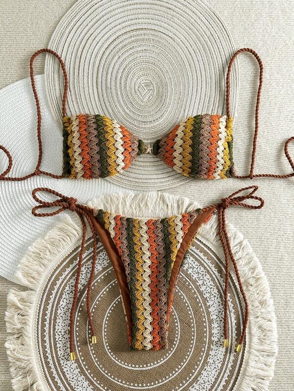 Swim Vcay Set de plajă de vară 2 buc pentru femei, top din țesătură din tricot cu textura unică și pantaloni cu șnur pe ambele părți, set de bikini pentru costume de baie