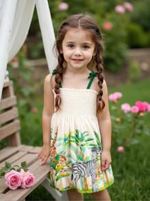 SHEIN Playful Pals 1pc Young Girls Adjustable Strap Cropped Tank Dress, High Waisted Pleated Skirt With Giraffe & Zebra Animal Print, Casual Versatile Summer Dress