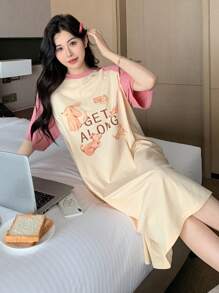 DAZY Cute Pattern Print Contrast Color Raglan Sleeve Loose Women Summer Nightgown