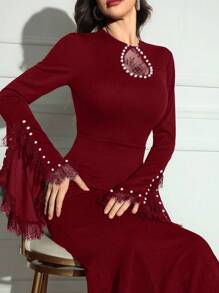 Modelyn 女士圆领长袖蕾丝拼接修身长款黑色正式优雅连衣裙长款晚礼服 - 酒紅色 - 查看 2