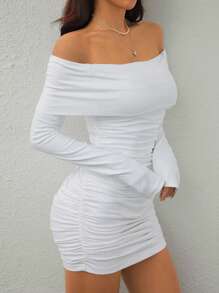 SHEIN Tall Lapel One-Shoulder Pleated Slimming Hip-Hugging Women's Dress Party Banquet Date Light Dress