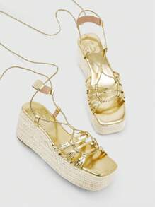 CUCCOO SZL Woman Shoes Square Toe Braided Design Strappy Thick Sole Vacation Gold Wedge Sandals For Summer Vacation Shoes Party Baddie Fashionable Chic Gorgeous Style Christmas Disco Party Night Out Fall New Year Holiday Valentines Valentine Day